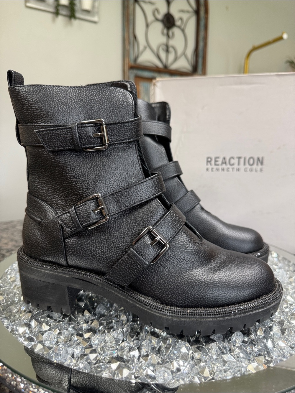 Kenneth Cole Reaction Biker Jewel Black Buckle Strap Combat moto Boots NEW 5